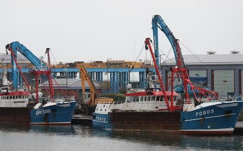 The Honeybourne 3 (right), a Scottish scallop dredger, in dock at Shoreham - Credit: Andrew Matthews /PA