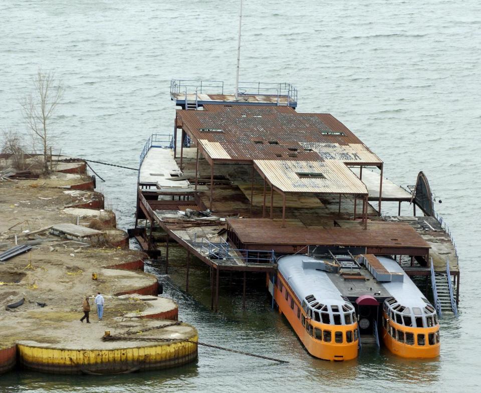 The Landsdowne is shown on Presque Isle Bay, Jan. 24, 2006, at the end of the Sassafras Street pier that would become the home of the Bayfront Convention Center. The ship was built in 1884 as a railroad car ferry. In the 1980s it was converted into a floating restaurant that operated in Detroit until the late 1980s or early 1990s. In 1999 it was towed to Erie and sank at its moorings on Dec. 25, 2005. It was scrapped in Buffalo, New York in April 2009. 