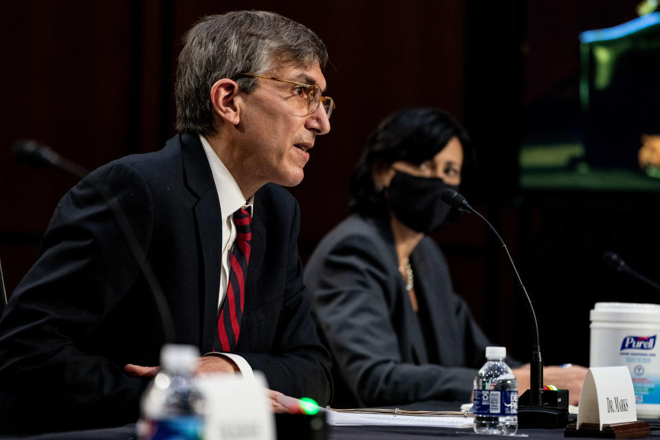 Dr. Peter Marks, Director of the Center for Biologics Evaluation and Research within the Food and Drug Administration speaks during a hearing, with the Senate Committee on Health, Education, Labor, and Pensions, on the Covid-19 response, on Capitol Hill on March 18, 2021 in Washington, DC. Dr. Anthony Fauci appeared before a joint hearing of the house committees to lay out a timeline for vaccinating children against COVID-19.