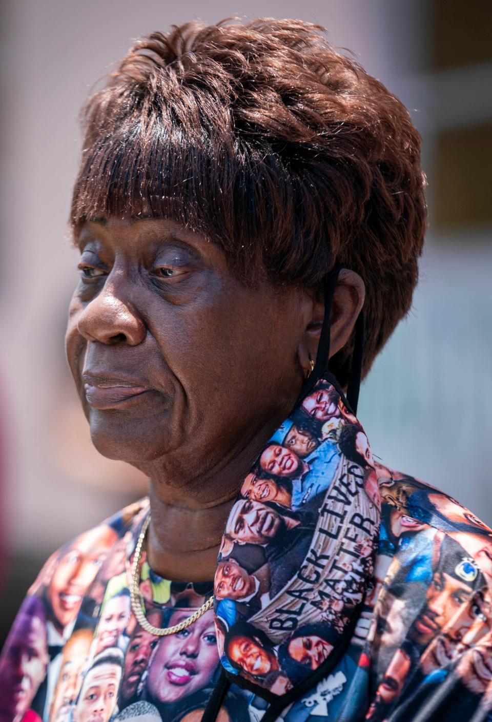 Rosa Harris speaks during a unveiling of an Emmett Till memorial at New Macedonia Missionary Baptist Church in Riviera Beach, Florida on June 19, 2022