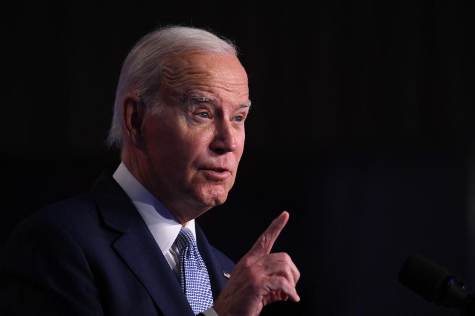 US President Joe Biden speaks about the creation of new manufacturing jobs at the Washington Hilton in Washington, DC, April 25, 2023. - Biden announced Tuesday his bid "to finish the job" with re-election in 2024. (Photo by Jim WATSON / AFP) (Photo by JIM WATSON/AFP via Getty Images)