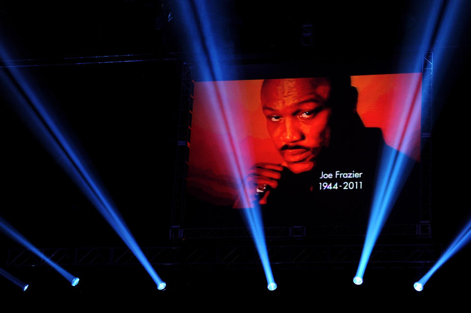 LAS VEGAS, NV - NOVEMBER 12: A video is shown in memory of boxer Joe Frazier who died Monday before Manny Pacquiao takes on Juan Manuel Marquez in the WBO world welterweight title fight at the MGM Grand Garden Arena on November 12, 2011 in Las Vegas, Nevada. (Photo by Harry How/Getty Images)