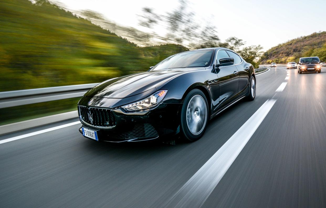 Maserati Ghibli is new model. Speed is about 120km/h  Shoot in motion from another car, on highway in Serbia, Belgrade. October 16, 2019