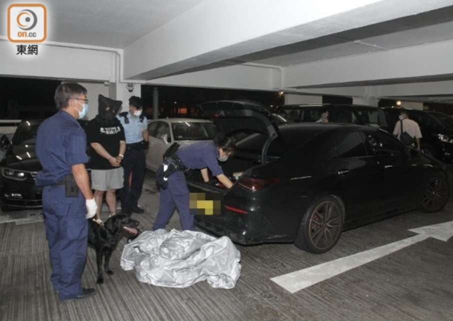 警員在停車場內截車擒獲疑犯，警犬到場協助搜車。(楊日權攝)