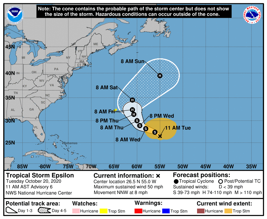 The forecast track of Tropical Storm Epsilon shows it approaching Bermuda by later in the week.