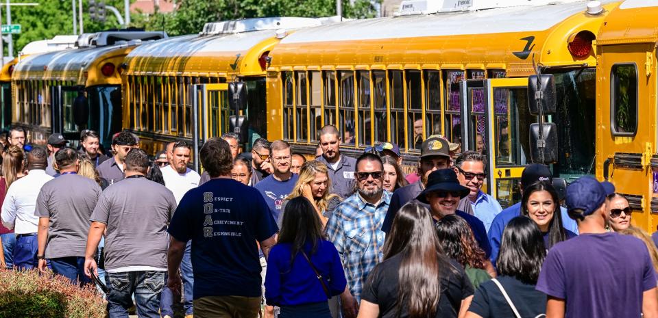 Employees leave Monday, August 8, 2022 after Visalia Unified School District's convocation at the Visalia Convention Center.