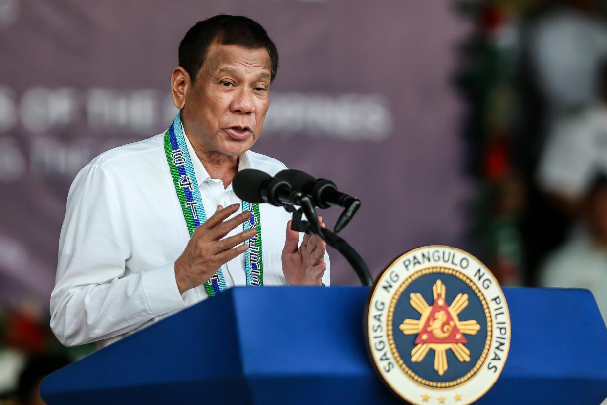 QUEZON, Dec. 17, 2019 -- Philippine President Rodrigo Duterte speaks during the celebration of the 84th anniversary of the Armed Forces of the Philippines inside Camp Aguinaldo in Quezon City, the Philippines, Dec. 17, 2019. (Photo by Rouelle Umali/Xinhua via Getty) (Xinhua/ROUELLE UMALI via Getty Images)