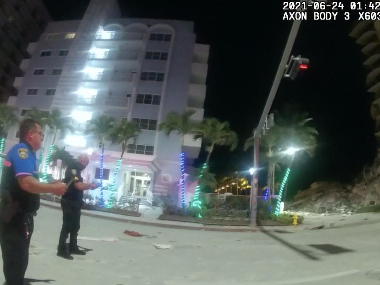 Police body camera footage shows the aftermath of the collapse of the Champlain Towers South in Surfside, Florida.