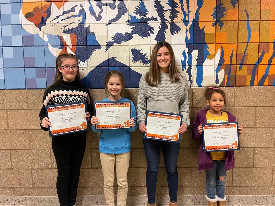 Four Galion students have been recognized for consistently demonstrating the Portrait of a Tiger trait - Integrity. From left are Jadyne Stiffler; Gabriella Mies; Nora Harding, and Izzyona Matthews.