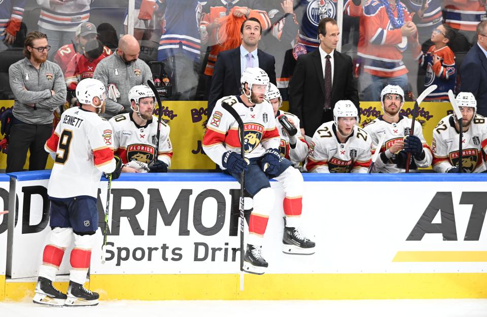 June 21, 2024; Edmonton, Alberta, CAN; Florida Panthers players and coaches react in the third period against the Edmonton Oilers in game six of the 2024 Stanley Cup Final at Rogers Place. Mandatory Credit: Walter Tychnowicz-USA TODAY Sports