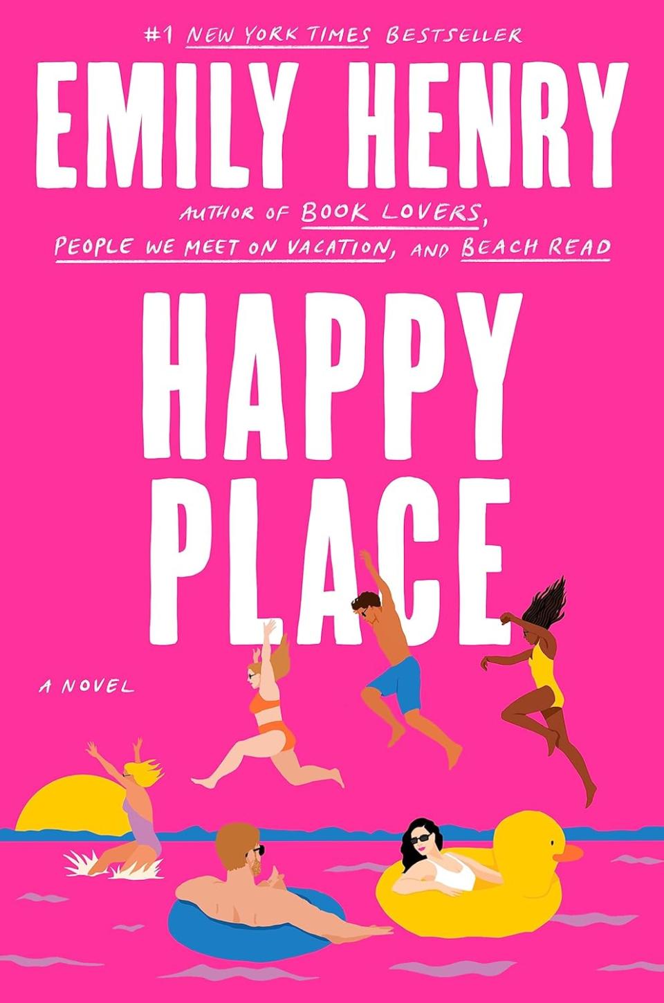 Found Family Trope: Happy Place by Emily Henry book cover with a bright pink background and an illustration that shows a group of friends relaxing and playing in a lake