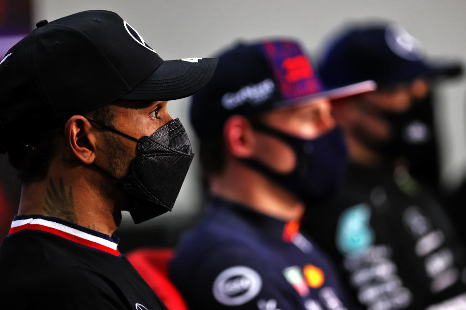 Second placed qualifier, Lewis Hamilton of Great Britain and Mercedes GP talks during a press conference after qualifying ahead of the F1 Grand Prix of Bahrain at Bahrain International Circuit on March 27, 2021 in Bahrain.