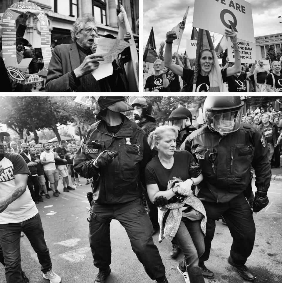 Demonstrations for 'Q' beliefs have reached far beyond the United States. Above, QAnon supporters protest in Britain (top left) Romania (top right) and Germany (below).