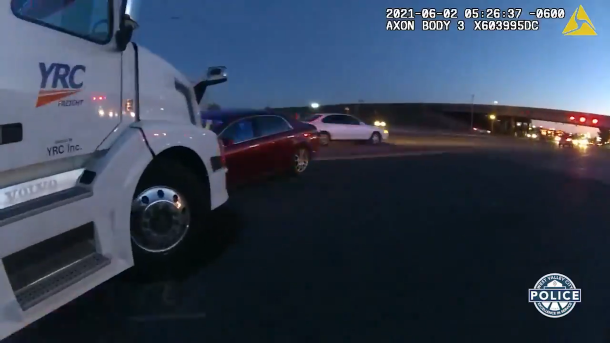 <p>The car driven by the nine-year-old girl in Utah crashed into a lorry </p> (Screengrab/West Valley City Police Department video )