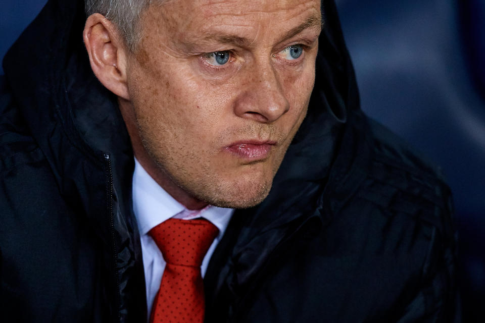 BARCELONA, SPAIN - APRIL 16:  Ole Gunnar Solskjaer head coach of Manchester United looks on prior to the UEFA Champions League Quarter Final second leg match between FC Barcelona and Manchester United at Camp Nou on April 16, 2019 in Barcelona, Spain. (Photo by David Aliaga/MB Media/Getty Images)