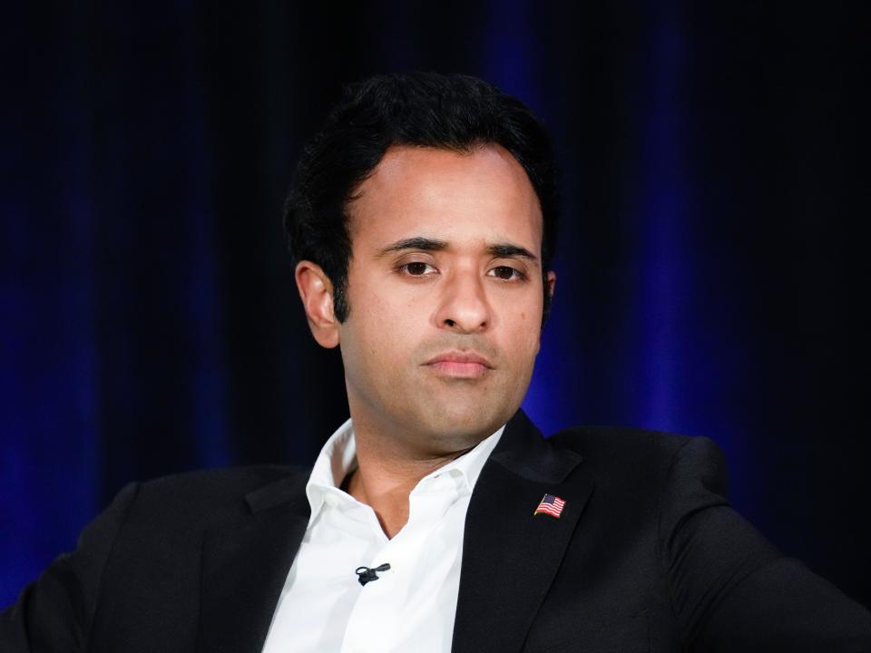 Vivek Ramaswamy listens to a question at an event in St. Clair Shores, Michigan, on August 14, 2023.