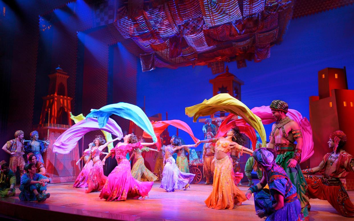 Members of the ensemble perform a scene from the national touring production of "Disney's Aladdin," which American Theatre Guild will present March 19 to 24, 2024, at the Morris Performing Arts Center in South Bend.