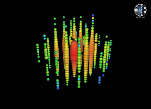 This image shows the highest energy neutrino ever observed (1.14 petaelectronvolts), which scientists named 'Ernie,' as seen by the IceCube Neutrino Observatory at the South Pole on Jan. 3, 2012. Image released Nov. 21, 2013.