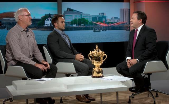 Eddie Butler, left, pictured with fellow former Wales international Rhys Williams and ITN presenter Jonathan Hill in 2015