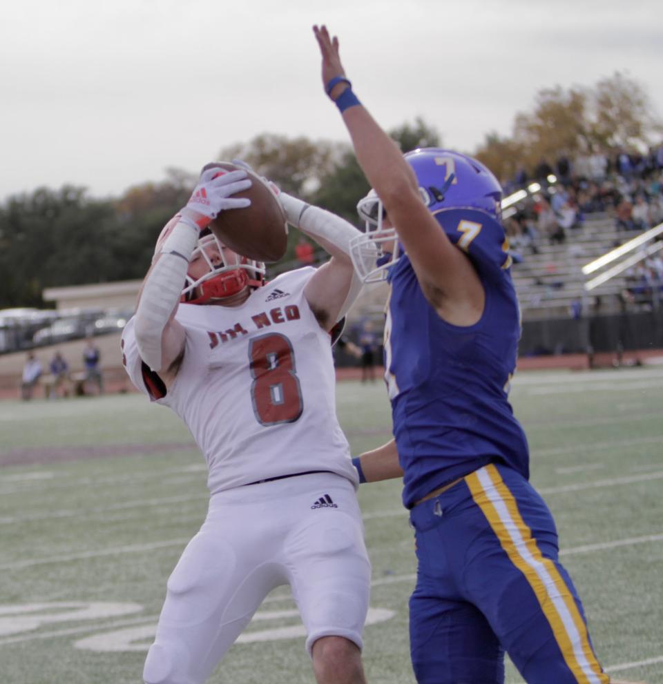 Jim Ned receiver Troy Doran makes a reception against Brock in the Indians' 70-25 regional semifinal loss.