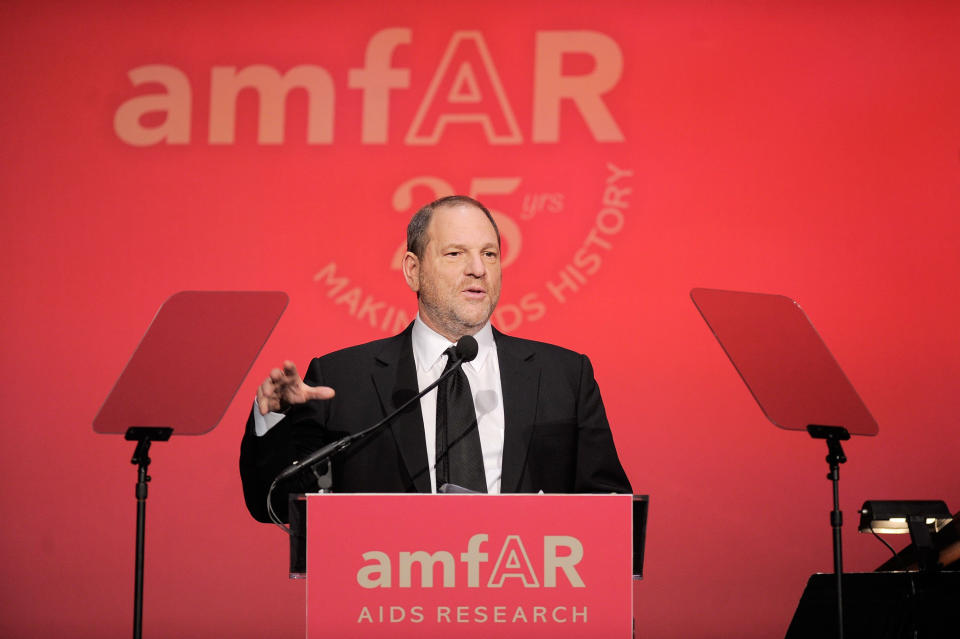 Producer Harvey Weinstein presents onstage at the amfAR New York Gala to kick off Fall 2011 Fashion Week at Cipriani Wall Street on February 9, 2011 in New York City. (Photo by Jemal Countess/WireImage)