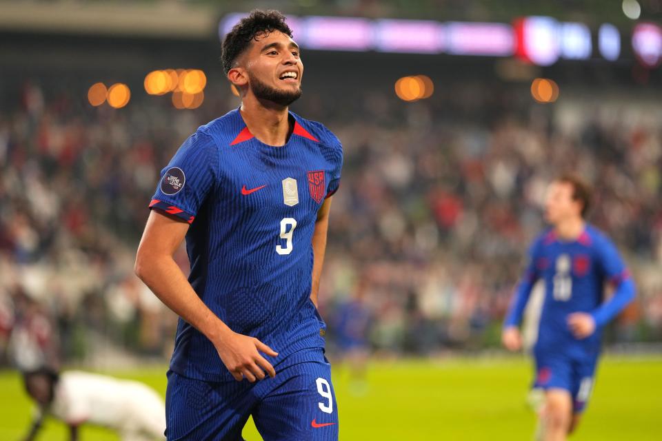 Ricardo Pepi celebrates scoring during the second half against Trinidad and Tobago at Q2 Stadium.