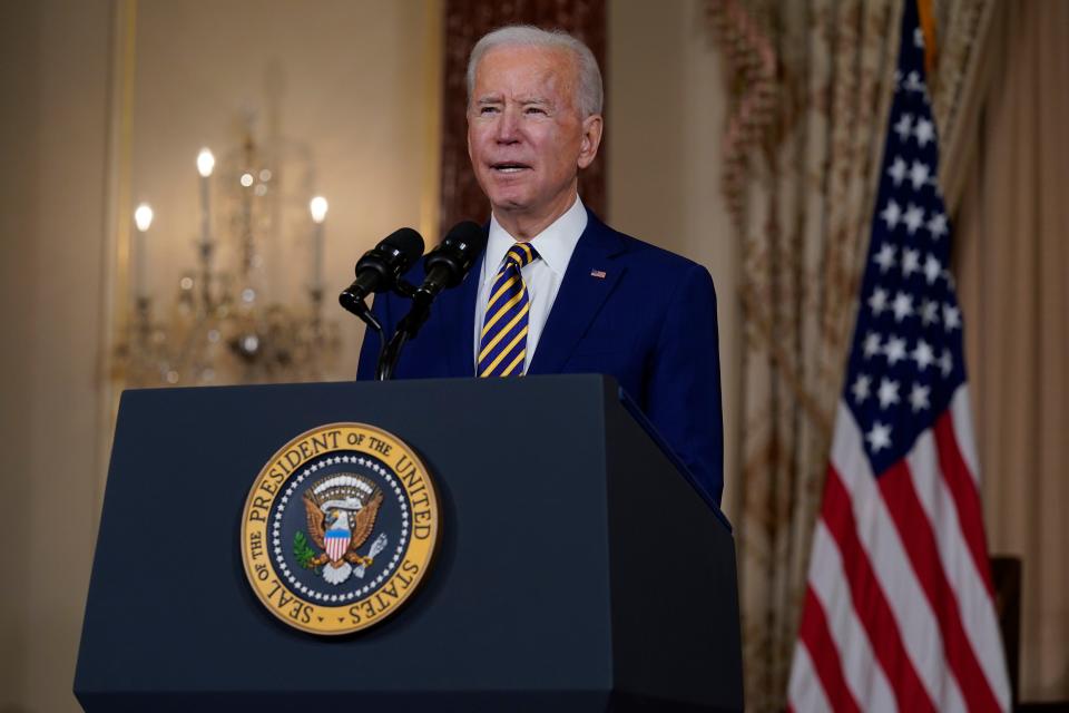 President Joe Biden speaks about foreign policy, not fishing, at the State Department on Feb. 4.