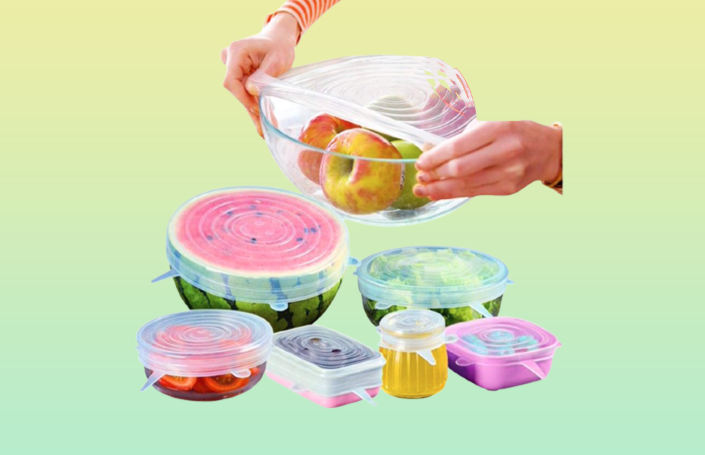 Silicone stretch lids covering a watermelon and a variety of other dishes
