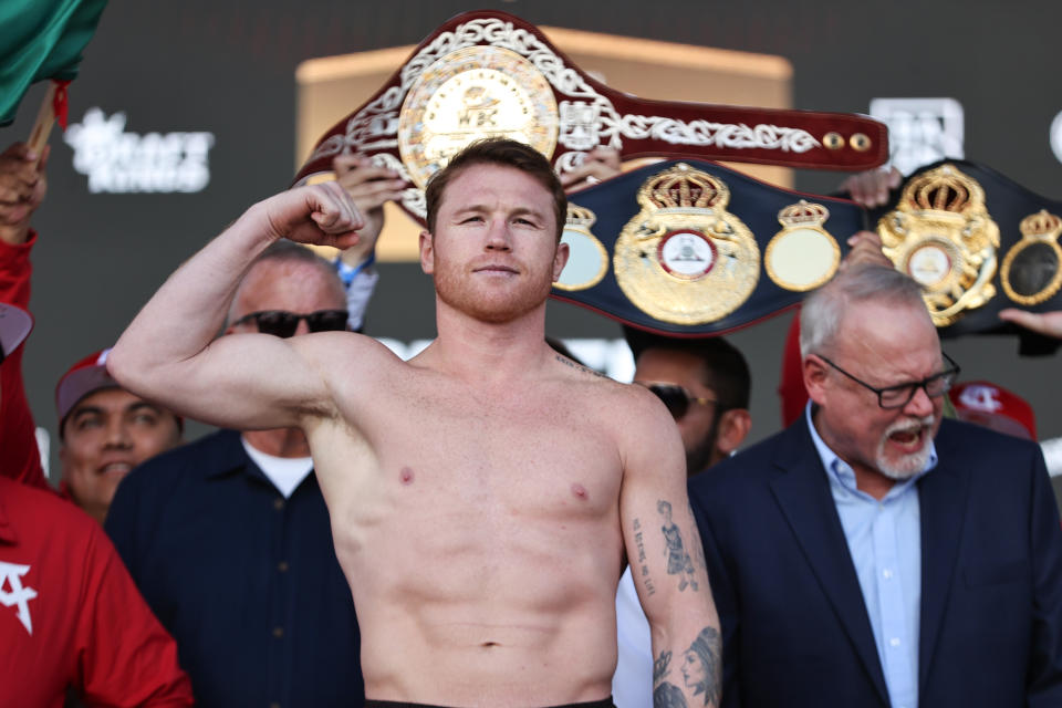 LAS VEGAS, NEVADA - SEPTEMBER 13: Boxer Saul Canelo Alvarez poses for a photo during the official weigh-in at T-Mobile Arena on September 13, 2024 in Las Vegas, Nevada. (Photo by Omar Vega/Getty Images)