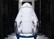 This February 2020 photo shows the SpaceX Crew Dragon capsule after its arrival to the Kennedy Space Center in Cape Canaveral, Fla. (SpaceX via AP)