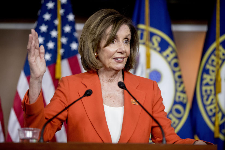 House Speaker Nancy Pelosi of Calif. meets with reporters at the Capitol in Washington, Wednesday, June 5, 2019. (AP Photo/Andrew Harnik)