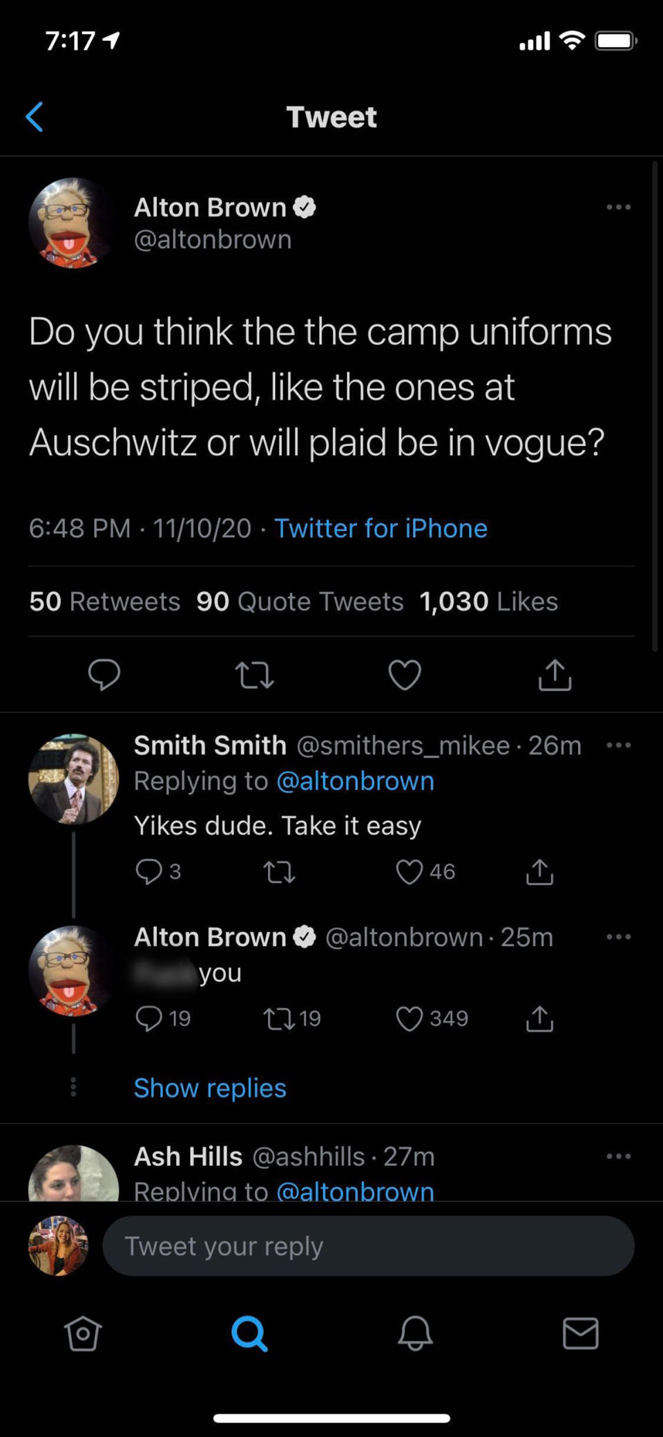 Brown deleted the offending tweets and apologized. (@altonbrown/Twitter)