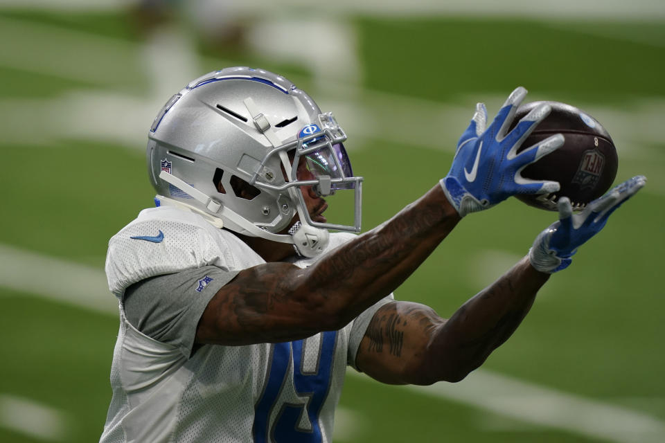 Detroit Lions wide receiver Kenny Golladay catches during drills at the Lions NFL football practice, Wednesday, Sept. 2, 2020, in Detroit. (AP Photo/Carlos Osorio)
