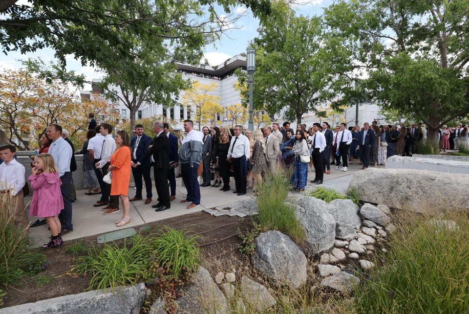 Attendees stand in line for the 193rd Semiannual General Conference of The Church of Jesus Christ of Latter-day Saints in Salt Lake City on Sunday, Oct. 1, 2023. | Jeffrey D. Allred, Deseret News