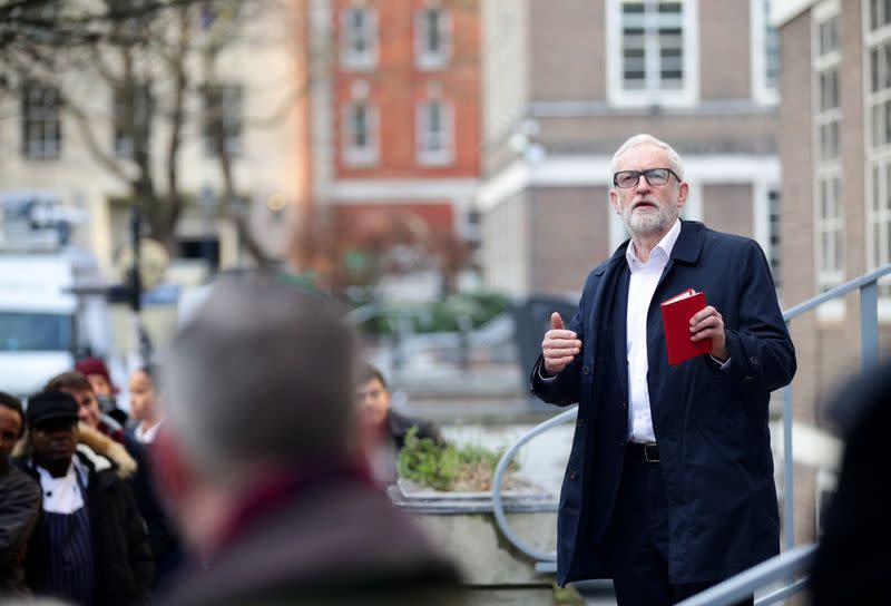 Britain's opposition Labour Party leader Jeremy Corbyn speaks outside University of London, in London