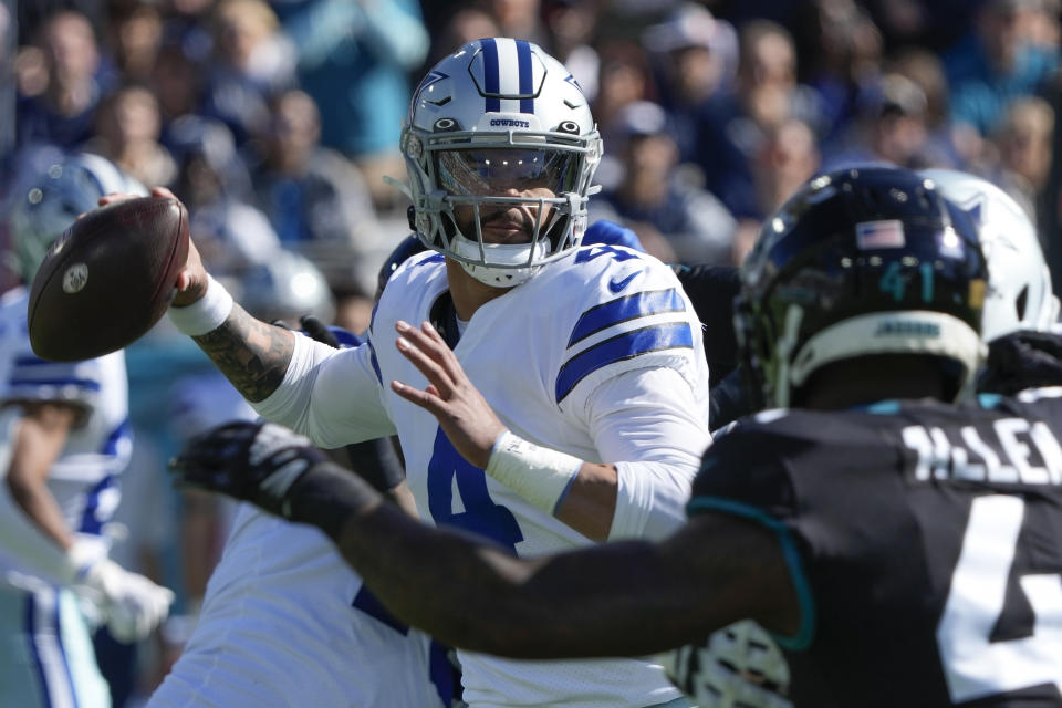 Dak Prescott and the Cowboys' turnover troubles reared their ugly head in overtime against the Jaguars. Dallas blew a 17-point lead in the loss. (AP Photo/John Raoux)