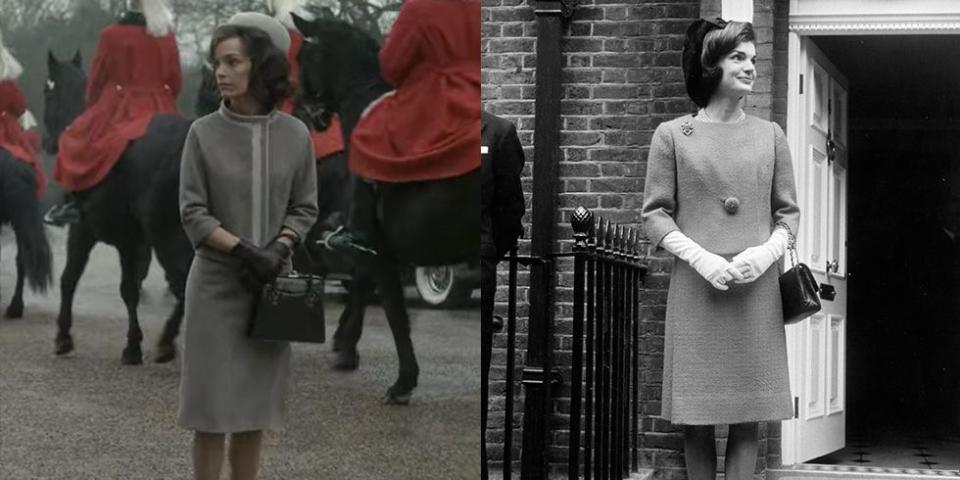 <p>In season 2, the Queen <del>summons</del> invites Jackie Kennedy to lunch at Windsor Castle. For the show, the First Lady wore in a gray suit set and a pillbox cap, which seemed to have been inspired by a real outfit Jackie wore to visit the Queen for lunch in 1962. </p>
