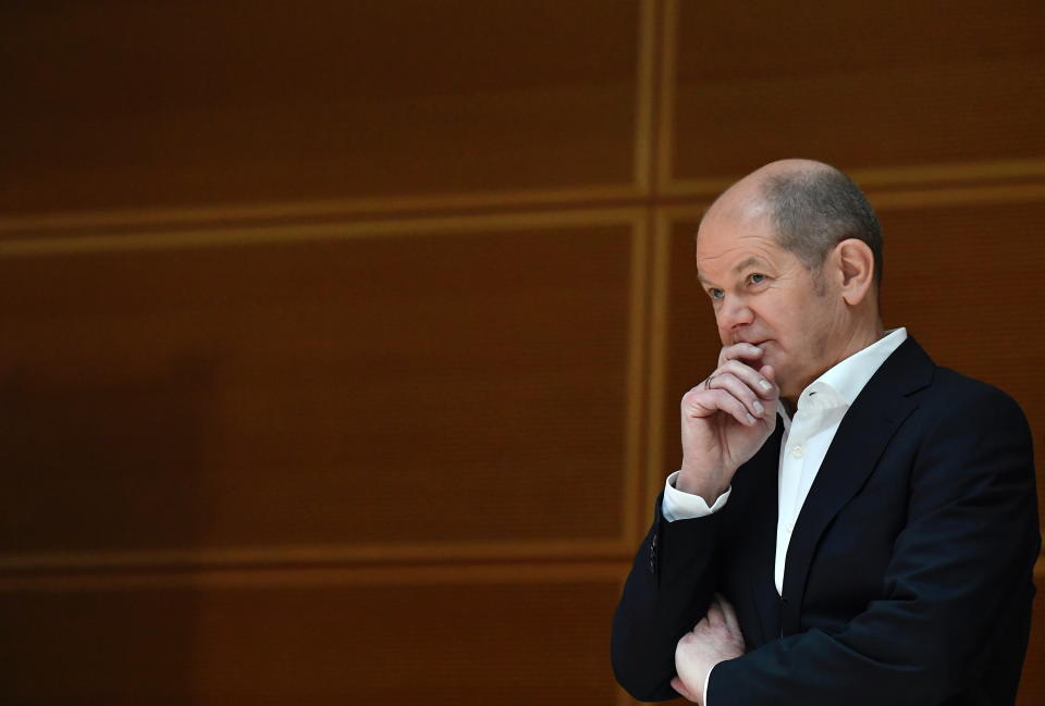 German Social Democratic party (SPD) candidate for chancellor Olaf Scholz attends a two-day party meeting in Berlin, Germany February 7, 2021. Tobias Schwarz/Pool via REUTERS