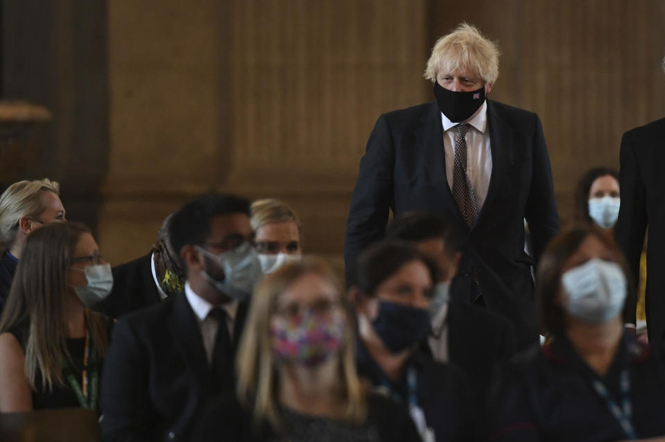 Britain's Prime Minister Boris Johnson arrives at St Paul's Cathedral, London. Monday July 5, 2021, ahead of the NHS service of commemoration and thanksgiving to mark the 73rd birthday of the NHS. (Stefan Rousseau/Pool via AP)