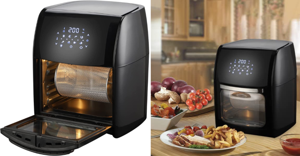 The Healthy Choice Digital Air Fryer on a white background and in action on kitchen bench with fries and chicken in front