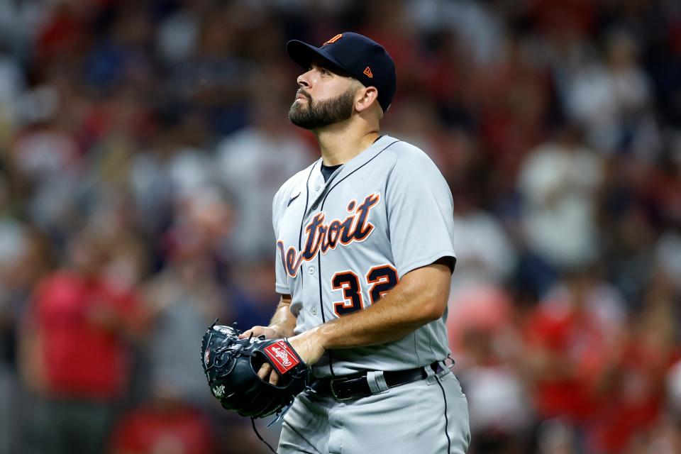 Tigers relief pitcher Michael Fulmer walks off the field after being removed during the seventh inning against the Cleveland Guardians on Friday, July 15, 2022, in Cleveland.