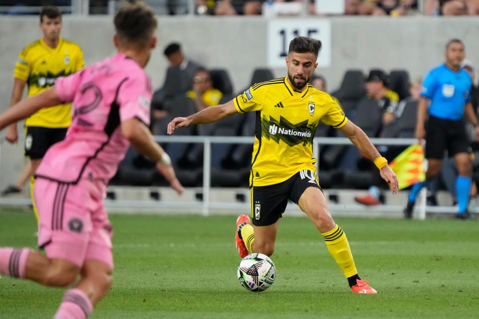 Aug 13, 2024; Columbus, Ohio, USA; Columbus Crew forward Diego Rossi (10) moves the ball upfield during the first half of the Leagues Cup round of 16 game against Inter Miami CF at Lower.com Field.