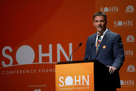 David Einhorn, President of Greenlight Capital, Inc., presents during the 2018 Sohn Investment Conference in New York City, U.S., April 23, 2018. REUTERS/Brendan McDermid