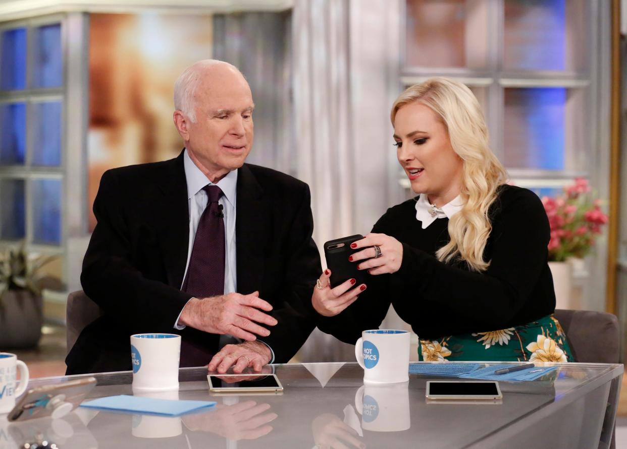 Meghan McCain with her father, Sen. John McCain, on "The View" in 2017.