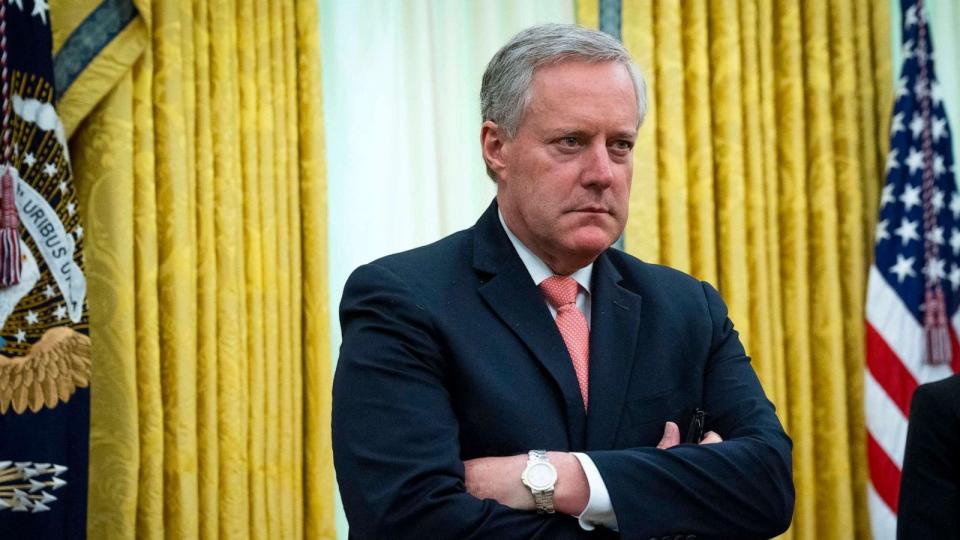 PHOTO: In this April 30, 2020, file photo, White House Chief of Staff Mark Meadows listens as President Donald Trump meets with New Jersey Gov. Phil Murphy in the Oval Office of the White House in Washington, D.C. (Pool/Getty Images, FILE)