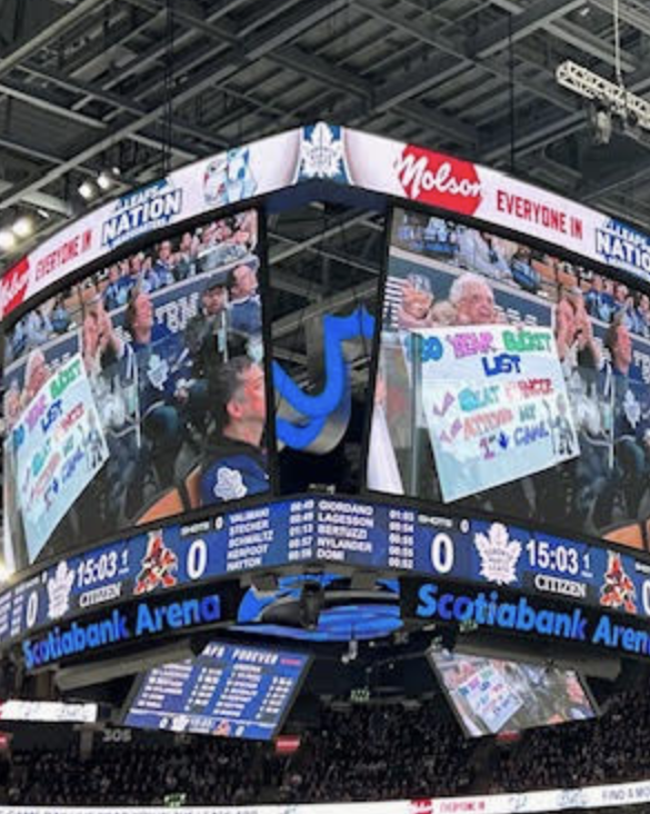 Jean Mooney on the Scotiabank Arena jumbotron. (Photo courtesy: Karen Mooney-Stewart)