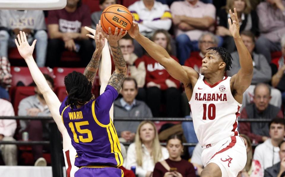 Alabama Crimson Tide forward Mouhamed Dioubate (10) blocks the shot attempt of LSU Tigers forward Tyrell Ward (15) during the second half at Coleman Coliseum on Jan. 27, 2024. Butch Dill-USA TODAY Sports