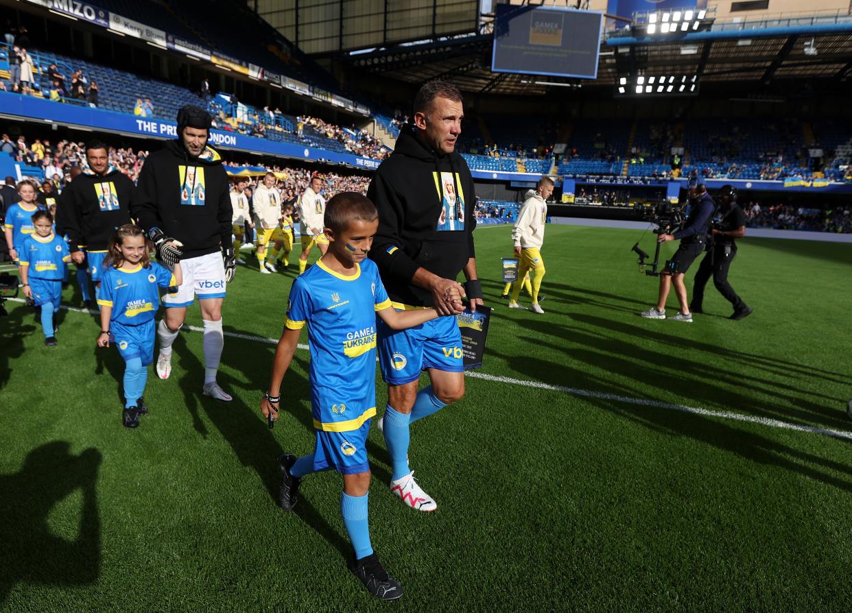 Andriy Shevchenko of the Blue Team leads the team out prior to the Game4Ukraine charity match (Chelsea FC via Getty Images)