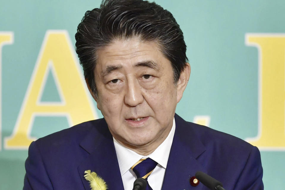Japanese Prime Minister Shinzo Abe and leader of the Liberal Democratic Party, speaks during the party's leader debate Wednesday, July 3, 2019 in Tokyo. (Kyodo News via AP)