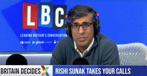 <span class="caption">Rishi Sunak responds to calls on LBC on June 19. </span> <span class="attribution"><a class="link " href="https://www.youtube.com/watch?v=K6hO10YKgs0" rel="nofollow noopener" target="_blank" data-ylk="slk:LBC/YouTube;elm:context_link;itc:0;sec:content-canvas">LBC/YouTube</a></span>